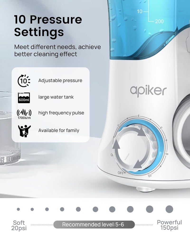 apiker جهاز تنظيف الأسنان بالماء مع 8 رؤوس متعددة الوظائف، جهاز ري الفم من أبيكر للعائلة لتنظيف الأسنان بالخيط المائي للأقواس، 10 إعدادات ضغط وخزان ماء سعة 600 مل (أبيض) - Image 3