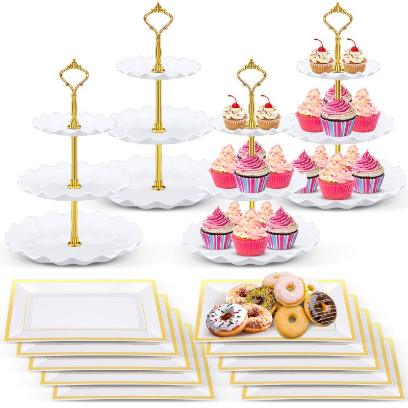 Willinglong 14 Pcs Dessert Table Stands Set 4 Pcs 3 Tier Plastic Cupcake Stands Cookie Display Tower 10 Pcs Gold Rim Dessert Serving Tray Dessert Trays for Party Wedding Birthday Bridal Baby Shower - Image 1