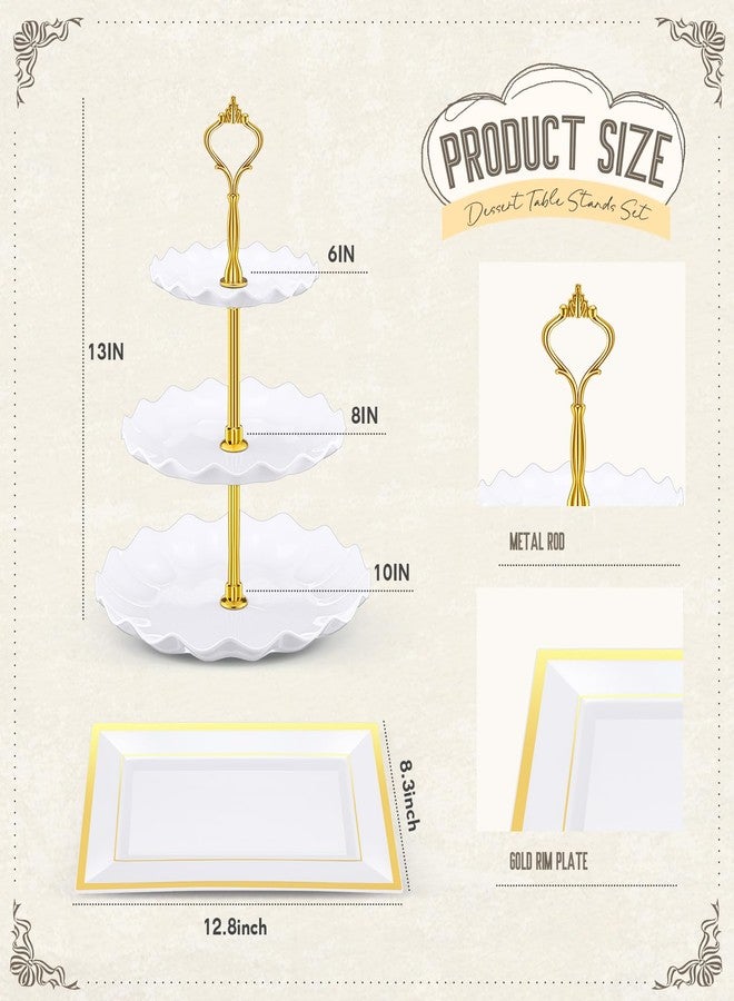 Willinglong 14 Pcs Dessert Table Stands Set 4 Pcs 3 Tier Plastic Cupcake Stands Cookie Display Tower 10 Pcs Gold Rim Dessert Serving Tray Dessert Trays for Party Wedding Birthday Bridal Baby Shower - Image 2