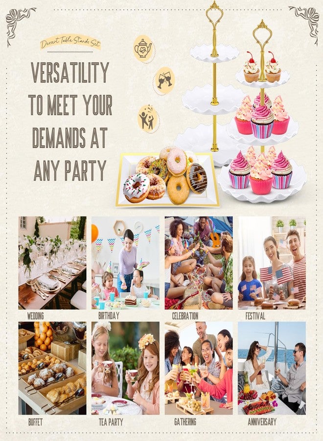 Willinglong 14 Pcs Dessert Table Stands Set 4 Pcs 3 Tier Plastic Cupcake Stands Cookie Display Tower 10 Pcs Gold Rim Dessert Serving Tray Dessert Trays for Party Wedding Birthday Bridal Baby Shower - Image 5