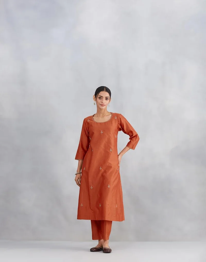 Fabindia Orange Cotton Silk Embroidered Kurta Set