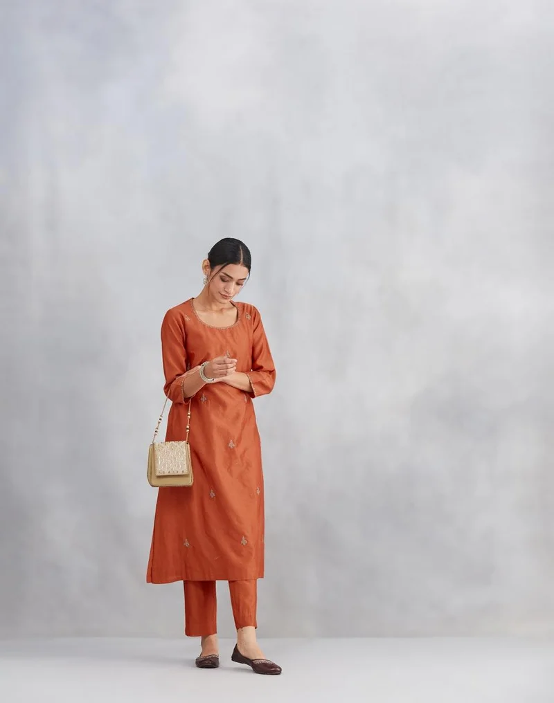 Fabindia Orange Cotton Silk Embroidered Kurta Set
