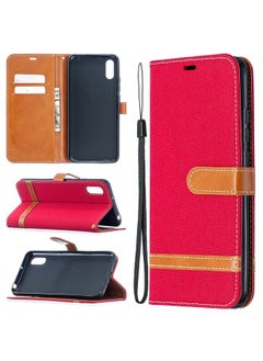 HuHa Case Cover For Xiaomi Redmi 9A Color Matching Denim Texture Horizontal Flip Leather Case with Holder & Card Slots & Wallet & Lanyard Red 