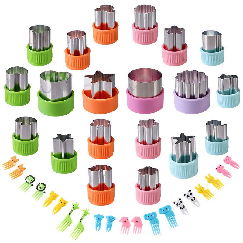 magigift Vegetable Cutters Shapes Set, 20pcs Stainless Steel Mini Cookie Cutters, Vegetable Cutter and Fruit Stamps Mold + 20pcs Cute Cartoon Animals Food Picks and Forks -for Kids Baking and Food Supplement - Image 1