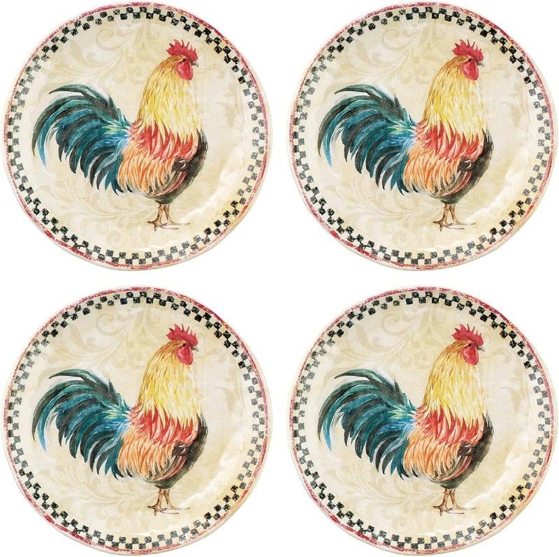 UP UPware Country Rooster Melamine Round Dessert Plates Small Serving Plates for Appetizer Snacks and Side Dishes Multicolor 6 Inch Set of 4 - Image 1