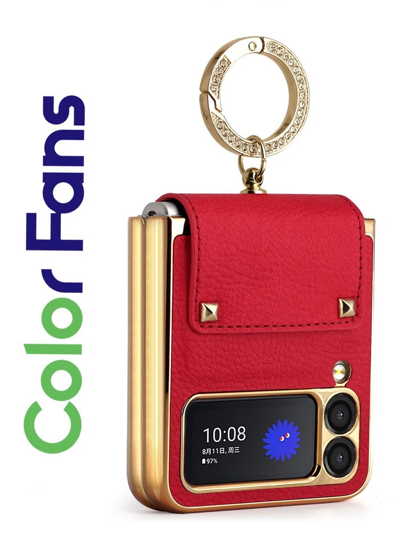 Color Fans for Samsung Galaxy Z Flip 3 5G Case with Ring Faux Leather Plating Frame Small Screen Protection Luxurious Beauty Shock Resistant Scratch Proof Hard Case Red  - Image 1