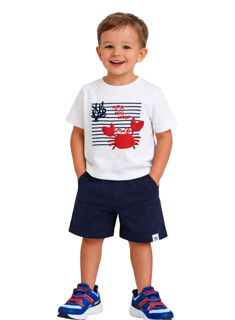 فكتور اند جين Boys' 2pcs Cute Crab Print Round Neck T-Shirt and Shorts Set