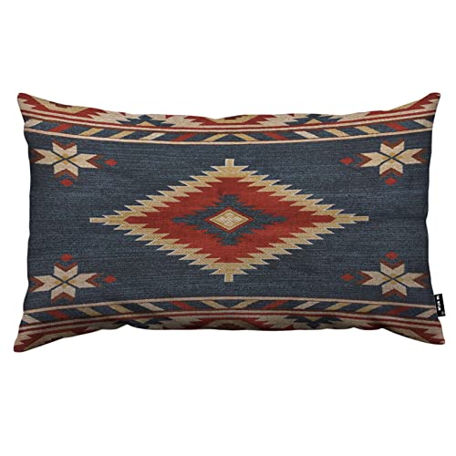 TKS MITLAN Southwest Diamond Blue Red Pillow Covers 12 x 20 Inch Indian Style on Blue Background Decorative Throw Pillow Covers Linen Cushion Case for Sofa Couch - Image 1