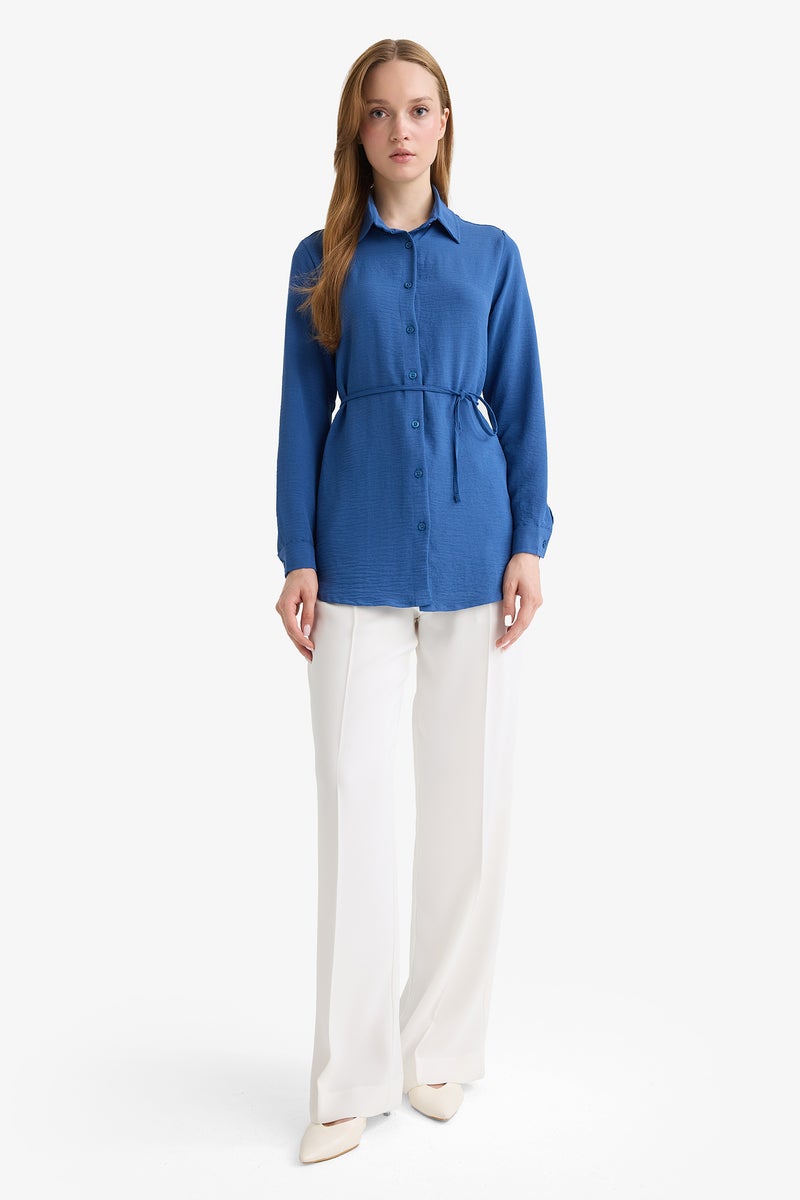 DeFacto Blue Woman Regular Fit Shirt Collar Long Sleeve Tunic Casual - Image 2