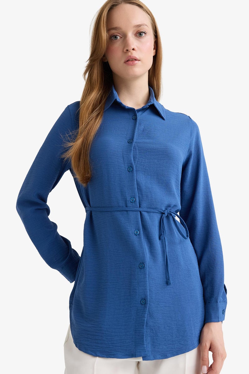 DeFacto Blue Woman Regular Fit Shirt Collar Long Sleeve Tunic Casual - Image 1