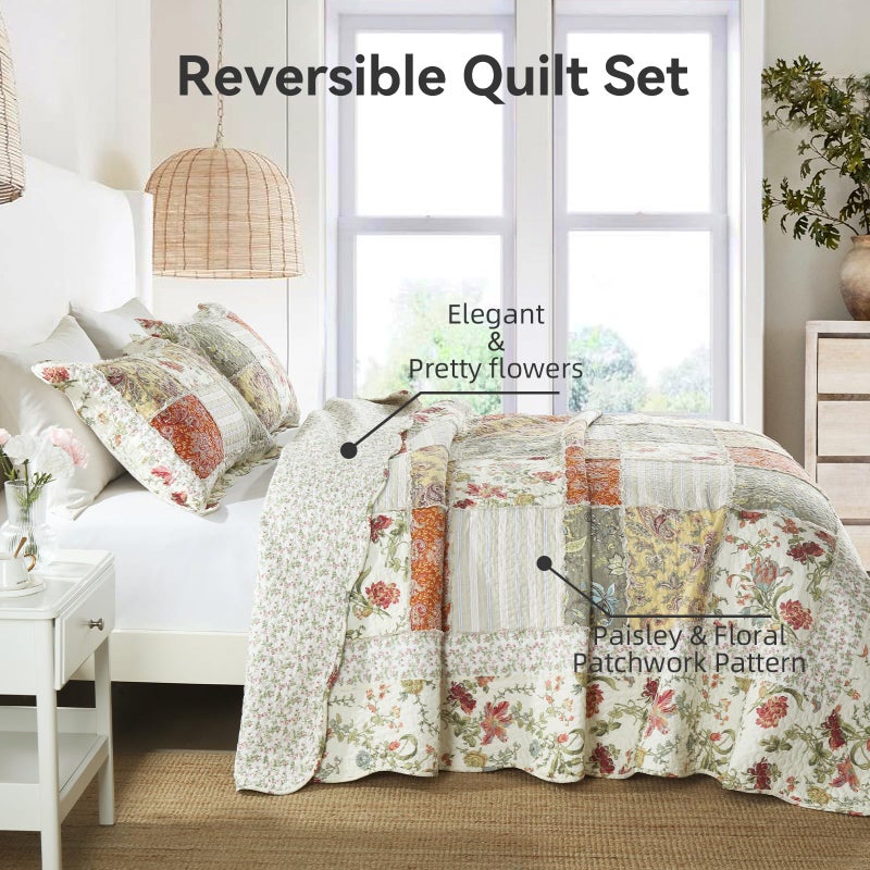 Yvooxny 3-Piece Quilt Set King Size Quilted Bedspread Reversible Country Style Floral Real Patchwork Bedding Quilt Set with Ruffles with Pillowcases for All Seasons, 108 * 96 Inches - Image 3