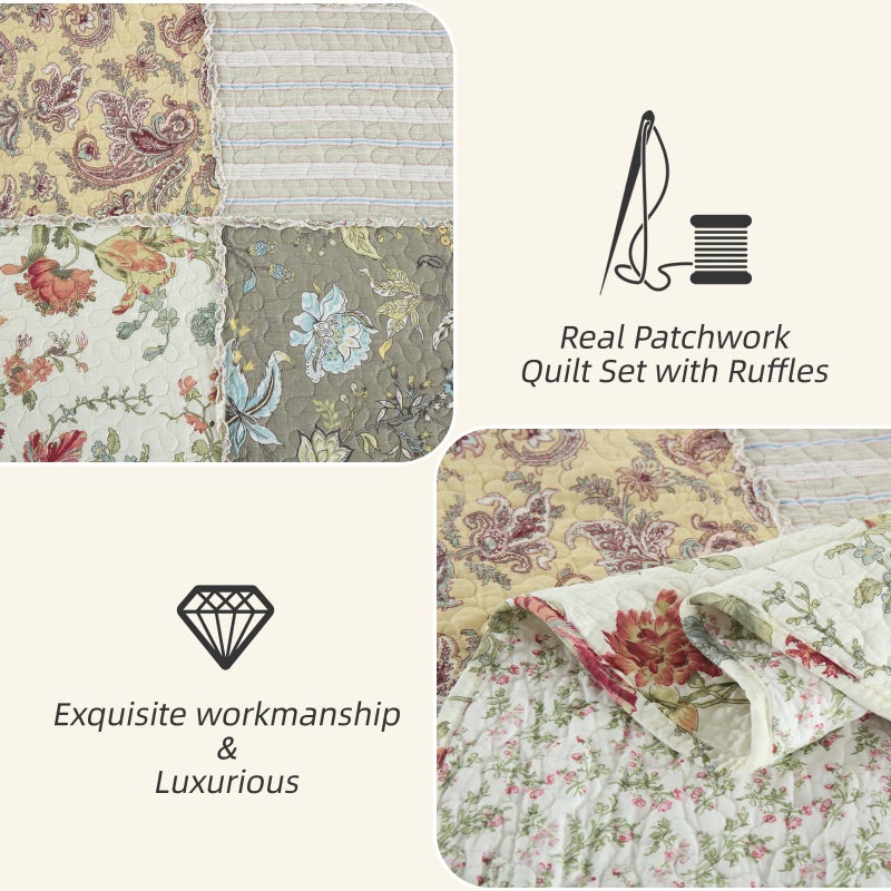 Yvooxny 3-Piece Quilt Set King Size Quilted Bedspread Reversible Country Style Floral Real Patchwork Bedding Quilt Set with Ruffles with Pillowcases for All Seasons, 108 * 96 Inches - Image 5
