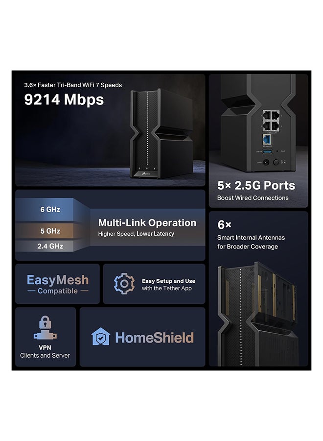TP-LINK BE9300 Tri-Band Wi-Fi 7 Router, Wi-Fi 7 (802.11be), Up to 9214 Mb/s Throughput, 2.4 GHz / 5 GHz / 6 GHz (Tri-Band), 6 x Internal Antennas, 4 x 2.5G Ethernet LAN Ports, Black | Archer BE550 Black - Image 4