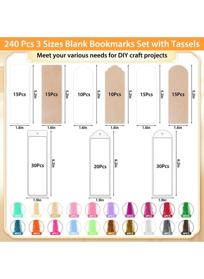 Comkrivy 240 Pcs Kraft Paper Blank Bookmarks, 3 Sizes 2 Colors Bookmark Making Kit with 80 Pcs Clear Bookmark Sleeves & 80 Pcs Colorful Tassels, Paper Book Mark Bulk for DIY Crafts, Gift Tags, School Projects - Image 2