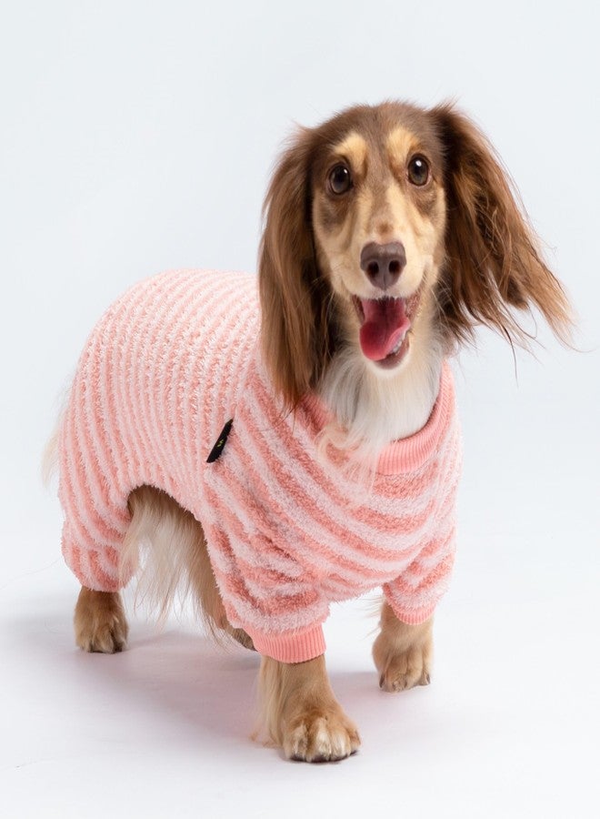 Fitwarm Fuzzy Fleece Stirped Dog Pajamas, Warm Dog Winter Clothes for Small Dogs Girl, Cozy Dog Onesie, Pet Jumpsuit, Doggy Apparel, Pink, White, Medium - Image 2