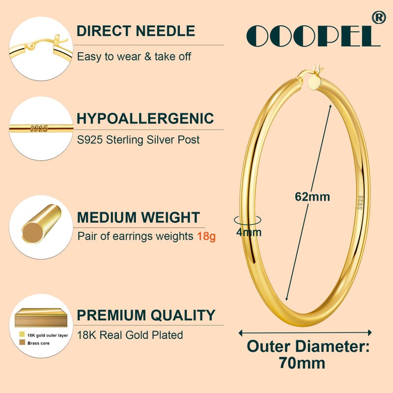 OOOPEL Steling Silver 4mm Thick Chunky Hollow Tube Hoops Earrings - Hypoallergenic Lightweight Gold Hoop Earrings 20/30/40/50/60/70MM - Image 5