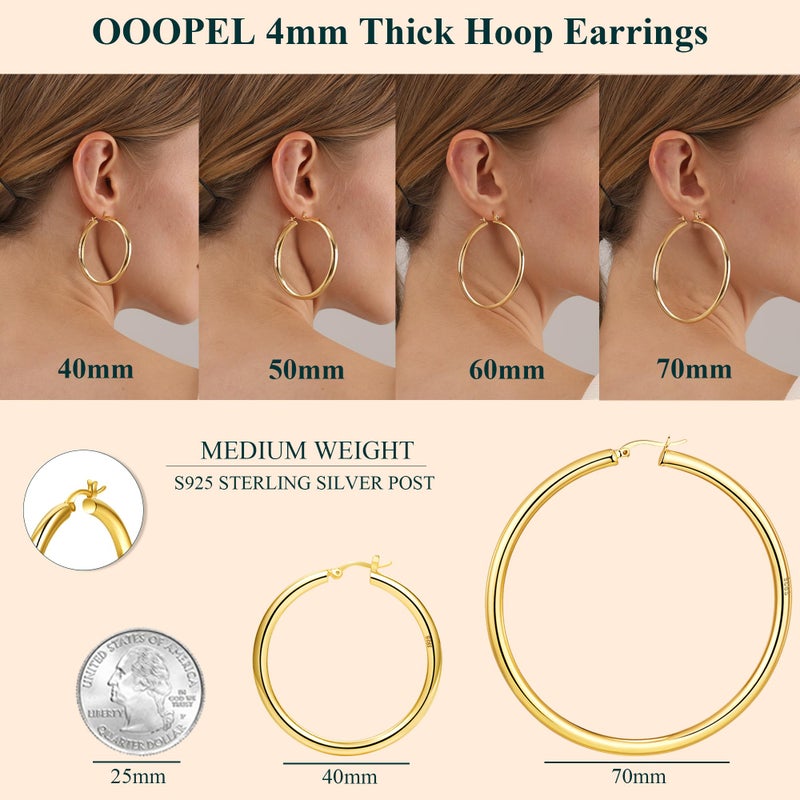 OOOPEL Steling Silver 4mm Thick Chunky Hollow Tube Hoops Earrings - Hypoallergenic Lightweight Gold Hoop Earrings 20/30/40/50/60/70MM - Image 3