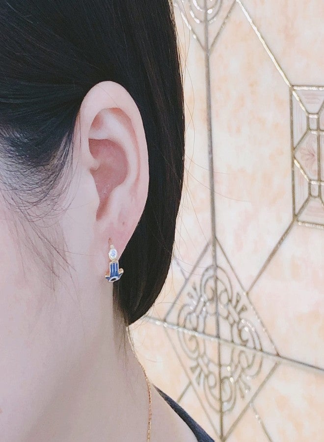 OIDIMS Blue Evil Eye Small Hoop Earring Protection Hamsa Hand of Fatima Cubic Zirconia Tiny Cuff Sleeper Mini Huggie Lucky Crystal Jewelry Gift for Women Birthday Bff Xmas (Dark Blue) - Image 4