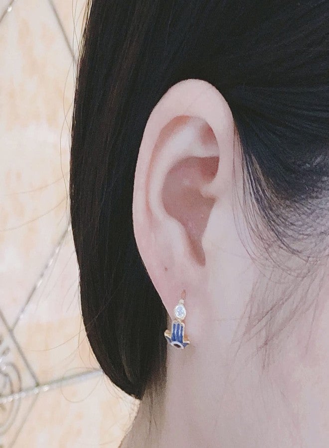 OIDIMS Blue Evil Eye Small Hoop Earring Protection Hamsa Hand of Fatima Cubic Zirconia Tiny Cuff Sleeper Mini Huggie Lucky Crystal Jewelry Gift for Women Birthday Bff Xmas (Dark Blue) - Image 5