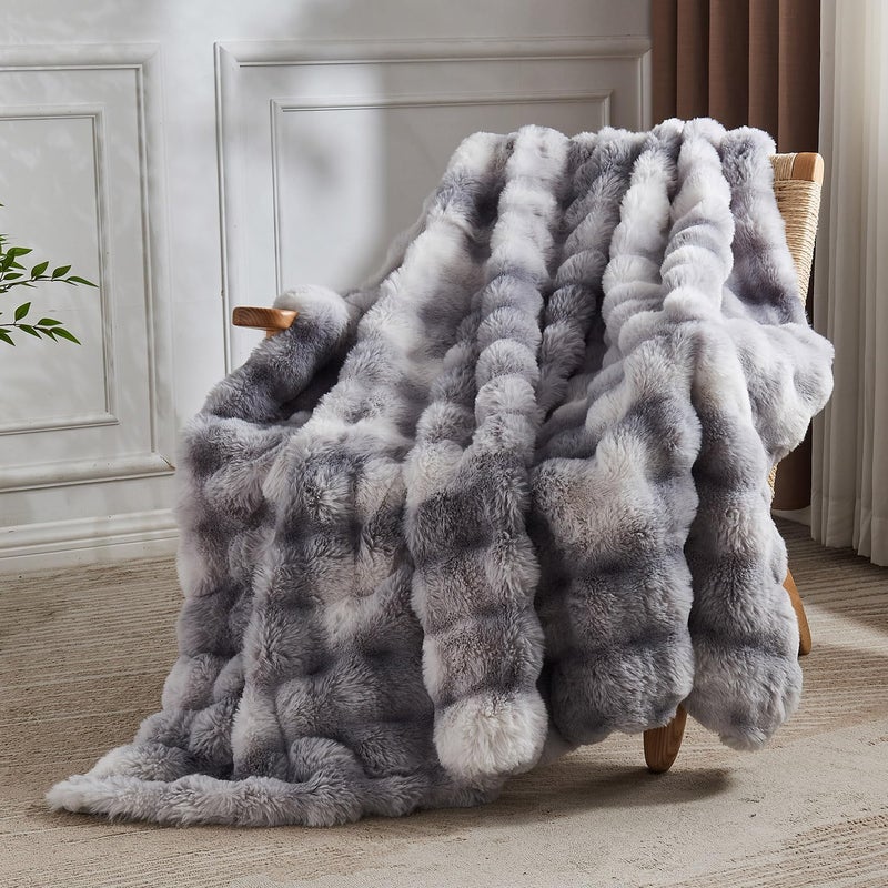 Lotus Karen Lotus Karen Faux Fur Blanket Tie-Dye Gray Twin Size - Big Bubble Rabbit Fluff Blanket for Couch  Small Fluffy Fuzzy Cozy Blanket  Thick Furry Plush Shaggy Blankets  60x80 Inches  - Image 5