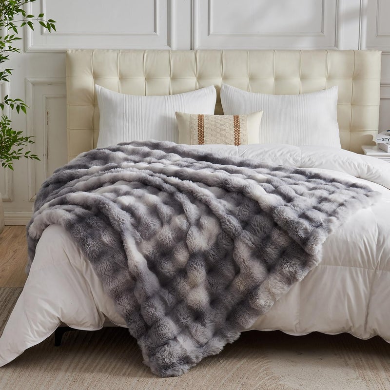 Lotus Karen Lotus Karen Faux Fur Blanket Tie-Dye Gray Twin Size - Big Bubble Rabbit Fluff Blanket for Couch  Small Fluffy Fuzzy Cozy Blanket  Thick Furry Plush Shaggy Blankets  60x80 Inches  - Image 4