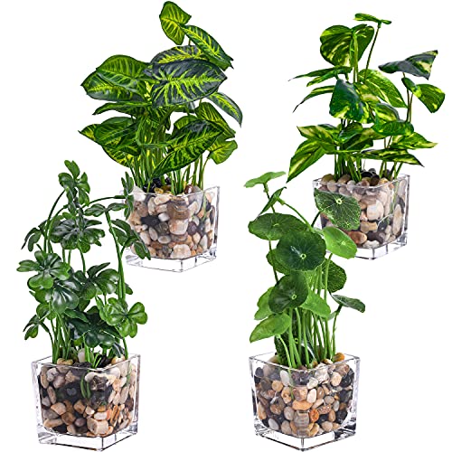 XONOR Artificial Potted Plants, Set of 4 Faux Tabletop Greenery with Clear Glass Pots and Cobblestones, Included - Image 1