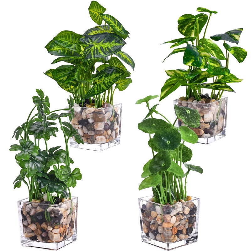 XONOR Artificial Potted Plants, Set of 4 Faux Tabletop Greenery with Clear Glass Pots and Cobblestones, Included - Image 2