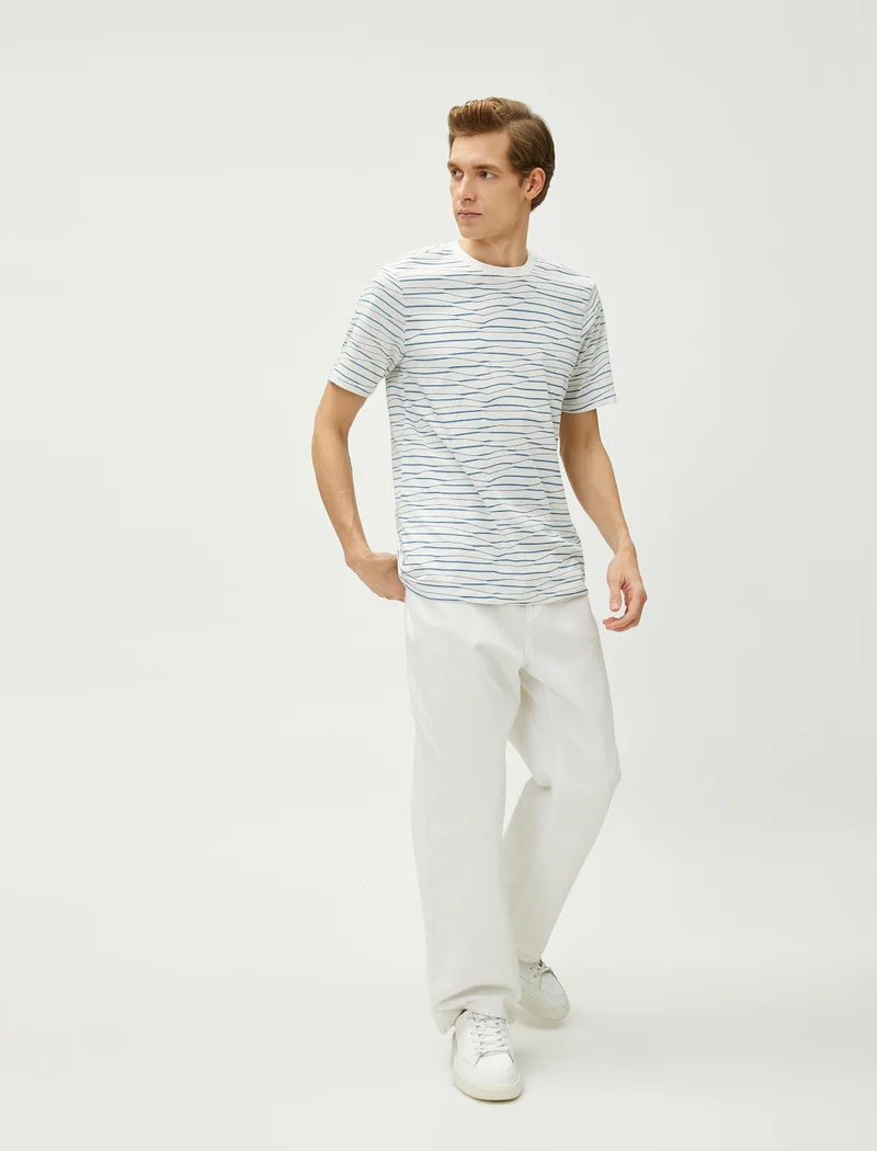 KOTON Strip Printed T-Shirt Crew Neck Cotton Slim Fit