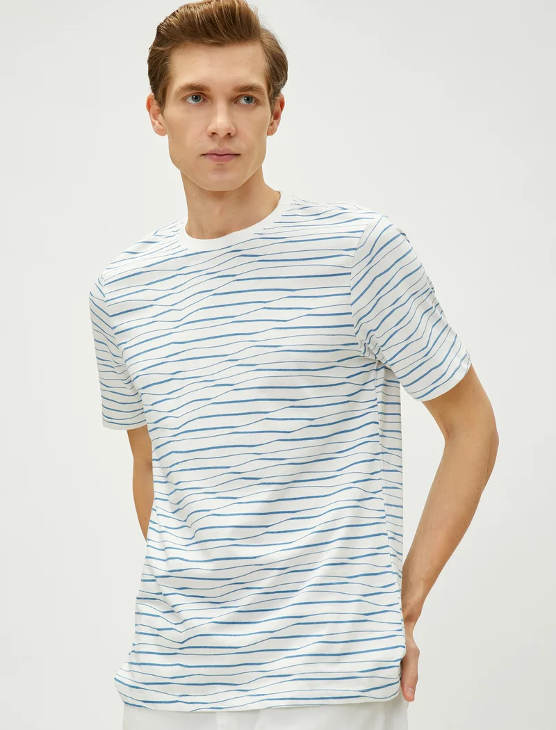 KOTON Strip Printed T-Shirt Crew Neck Cotton Slim Fit