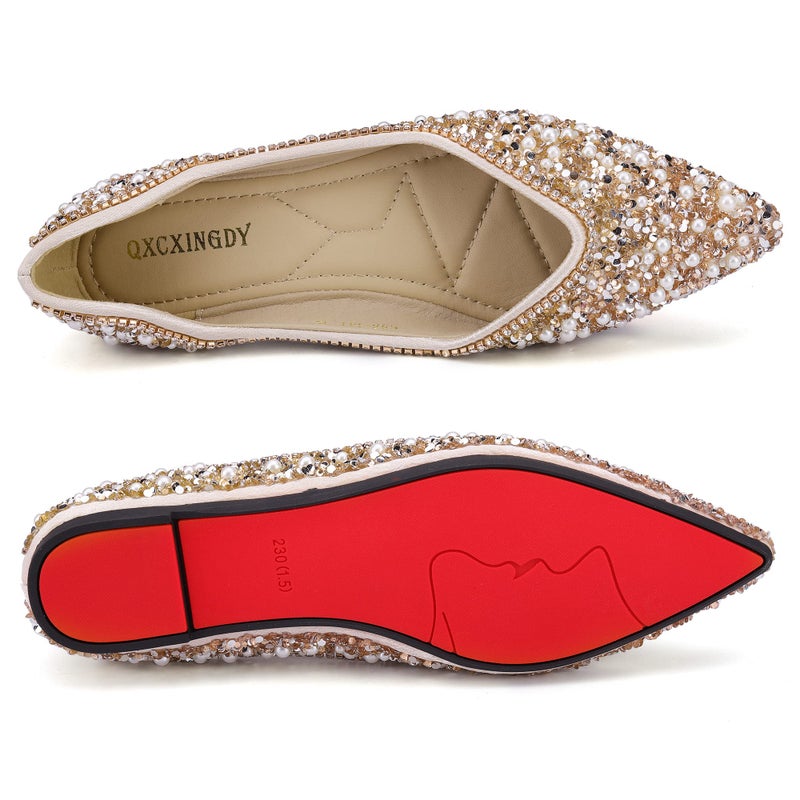 QXCXINGDY Women's Rhinestone Flats Fashion Pointed Toe Pearl Diamond Low Heel Dress Wedding Flats Work Business Dance Ballet Flats Gold Size - 9.5 - Image 3