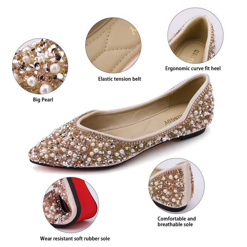 QXCXINGDY Women's Rhinestone Flats Fashion Pointed Toe Pearl Diamond Low Heel Dress Wedding Flats Work Business Dance Ballet Flats Gold Size - 9.5 - Image 5