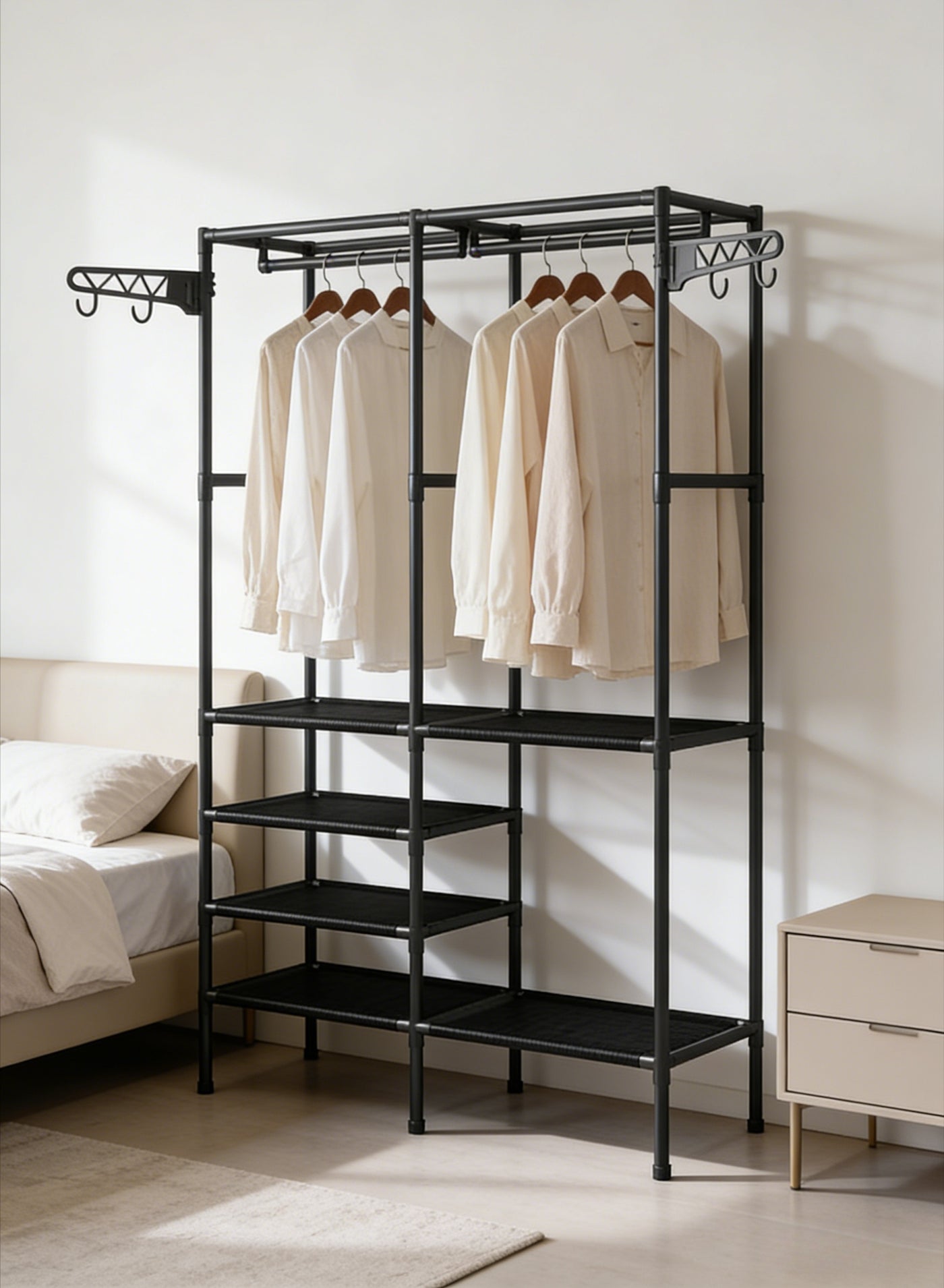 CKIKH Black Heavy Duty Double Row Garment Rack, 3-in-1 Metal Freestanding Closet Organizer with Hanging Rods, Side Hooks & Storage Shelves, Large Capacity Clothes Rack for Bedroom, Entryway & Hallway