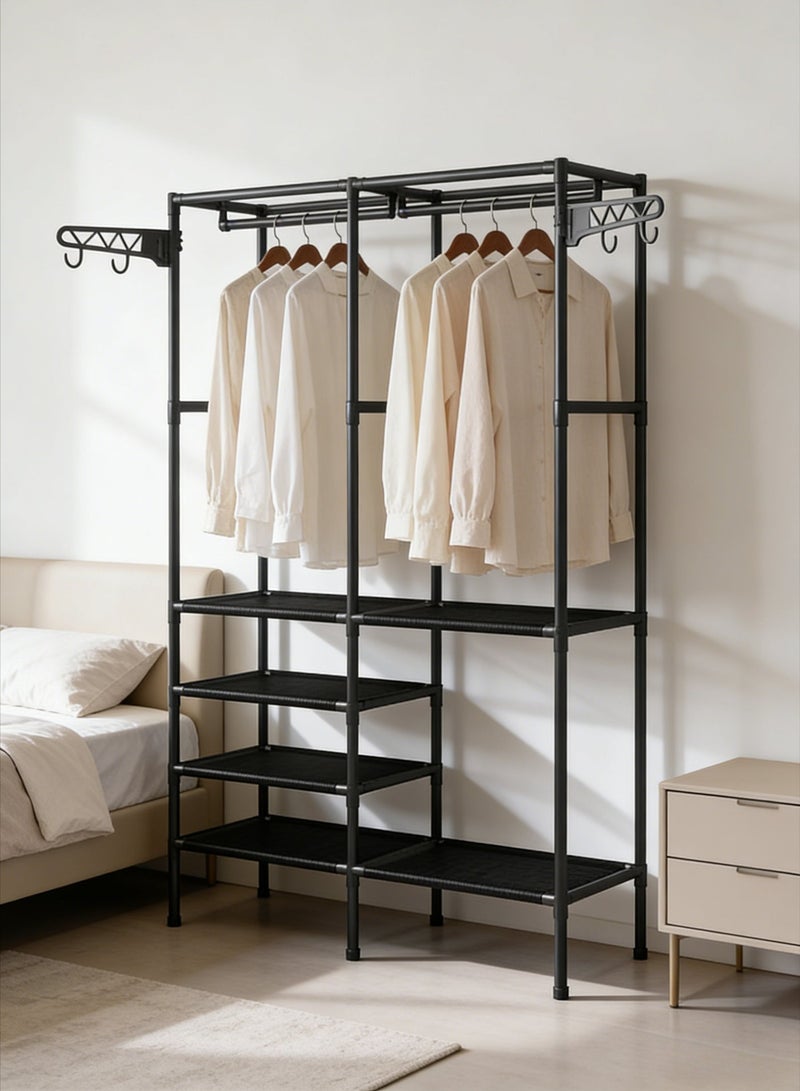 CKIKH Black Heavy Duty Double Row Garment Rack, 3-in-1 Metal Freestanding Closet Organizer with Hanging Rods, Side Hooks & Storage Shelves, Large Capacity Clothes Rack for Bedroom, Entryway & Hallway - Image 1