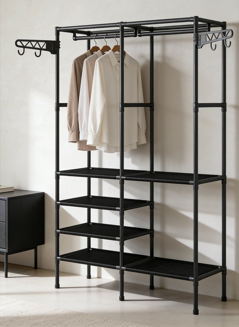 CKIKH Black Heavy Duty Double Row Garment Rack, 3-in-1 Metal Freestanding Closet Organizer with Hanging Rods, Side Hooks & Storage Shelves, Large Capacity Clothes Rack for Bedroom, Entryway & Hallway - Image 4