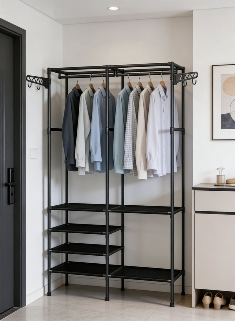 CKIKH Black Heavy Duty Double Row Garment Rack, 3-in-1 Metal Freestanding Closet Organizer with Hanging Rods, Side Hooks & Storage Shelves, Large Capacity Clothes Rack for Bedroom, Entryway & Hallway - Image 3
