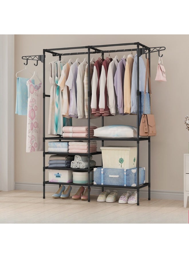 CKIKH Black Heavy Duty Double Row Garment Rack, 3-in-1 Metal Freestanding Closet Organizer with Hanging Rods, Side Hooks & Storage Shelves, Large Capacity Clothes Rack for Bedroom, Entryway & Hallway - Image 2