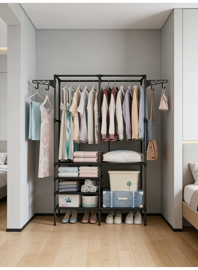 CKIKH Black Heavy Duty Double Row Garment Rack, 3-in-1 Metal Freestanding Closet Organizer with Hanging Rods, Side Hooks & Storage Shelves, Large Capacity Clothes Rack for Bedroom, Entryway & Hallway - Image 5
