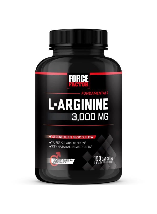 Force Factor L-Arginine Nitric Oxide Supplement with BioPerine to Help Build Muscle and Support Stronger Blood Flow, Circulation, Nutrient Delivery, and Pumps, L-Arginine 3000mg, 3g, 150 Capsules - Image 1
