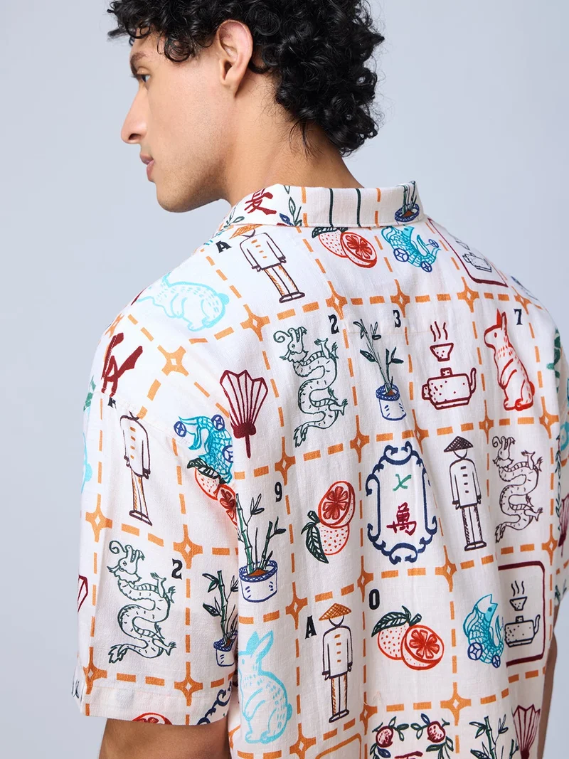 The Souled Store  The Souled Store Mahjong Tile Print Men and Boys Short Sleeves Collared Neck Buttoned Cotton Oversized Shirt  | Best Price UAE