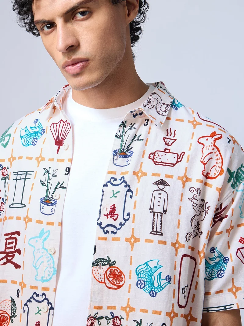 The Souled Store The Souled Store Mahjong Tile Print Men and Boys Short Sleeves Collared Neck Buttoned Cotton Oversized Shirt