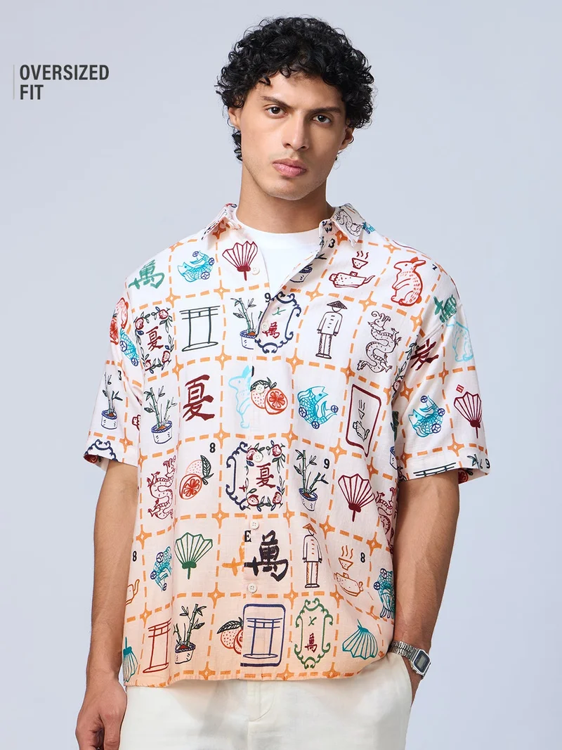 The Souled Store The Souled Store Mahjong Tile Print Men and Boys Short Sleeves Collared Neck Buttoned Cotton Oversized Shirt