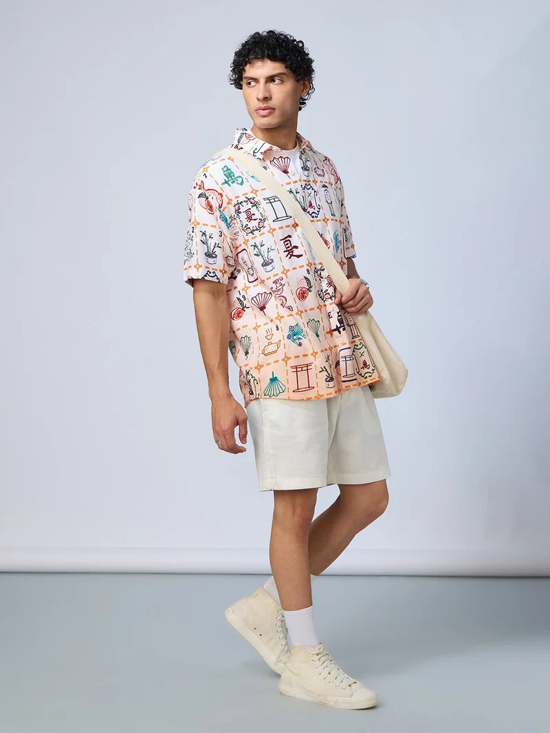 The Souled Store  The Souled Store Mahjong Tile Print Men and Boys Short Sleeves Collared Neck Buttoned Cotton Oversized Shirt  | Best Price UAE