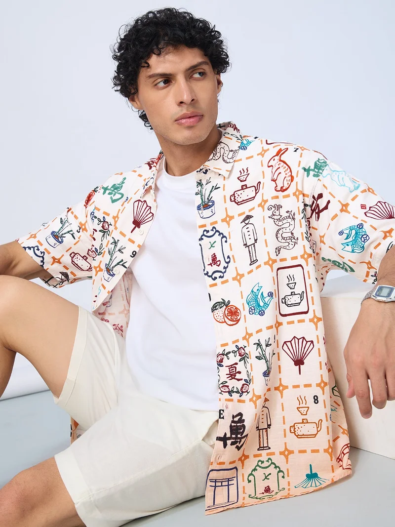 The Souled Store  The Souled Store Mahjong Tile Print Men and Boys Short Sleeves Collared Neck Buttoned Cotton Oversized Shirt  | Best Price UAE