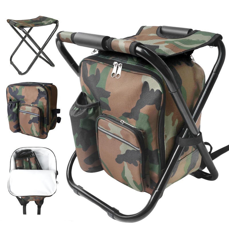 SDLDEER Folding Camping Chair Stool Backpack with Cooler Insulated Picnic Bag, Portable Hunting Fishing Multifunction Chair for Outdoors Hiking Hunting Travel (Camouflage) - Image 1