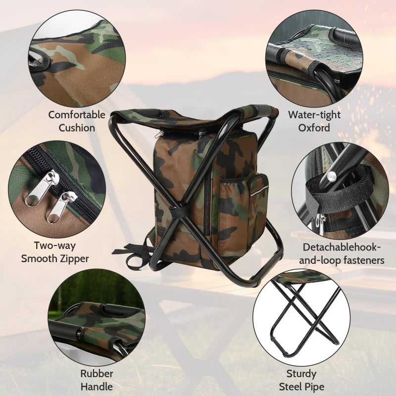 SDLDEER Folding Camping Chair Stool Backpack with Cooler Insulated Picnic Bag, Portable Hunting Fishing Multifunction Chair for Outdoors Hiking Hunting Travel (Camouflage) - Image 5