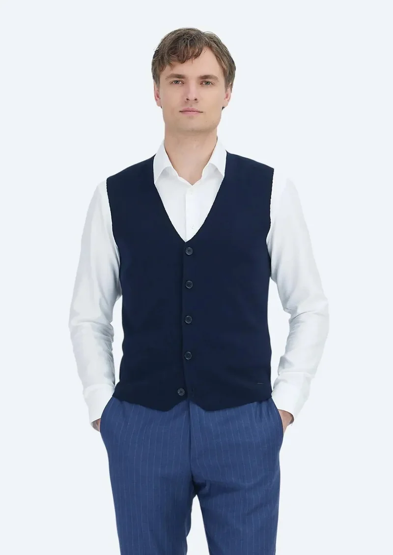 RAMSEY Navy Blue Regular Fit V-Neck Casual Knitting Knit Vest