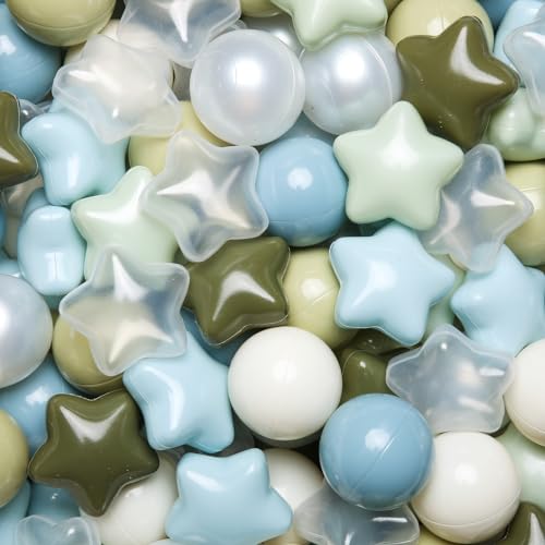 TRENDPLAY Star Ball Pit Balls 100 for Toddlers Ball Pit Ball Shapes for Boys Girls Fun Birthday Party Christmas Decoration Creamy BlueCreamy GreenPearl BallsClear - Image 1