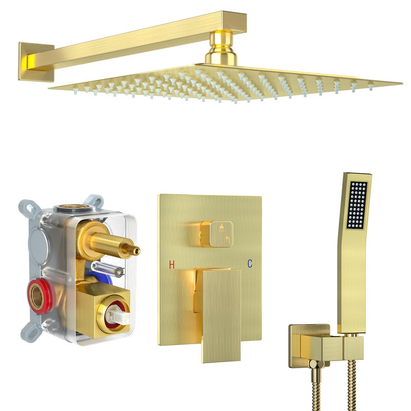 Fatspas Shower Faucet Set Shower System with 12 Inch Rain Showerhead and Handheld Shower Wall Mounted HighPressure Showerhead Combo Set Included Valve and Trim Brushed Gold