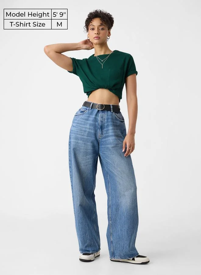 The Souled Store Green Cotton Ribbed T-Shirt