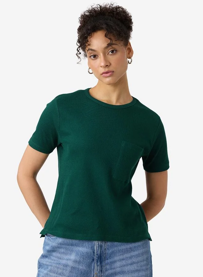The Souled Store Green Cotton Ribbed T-Shirt